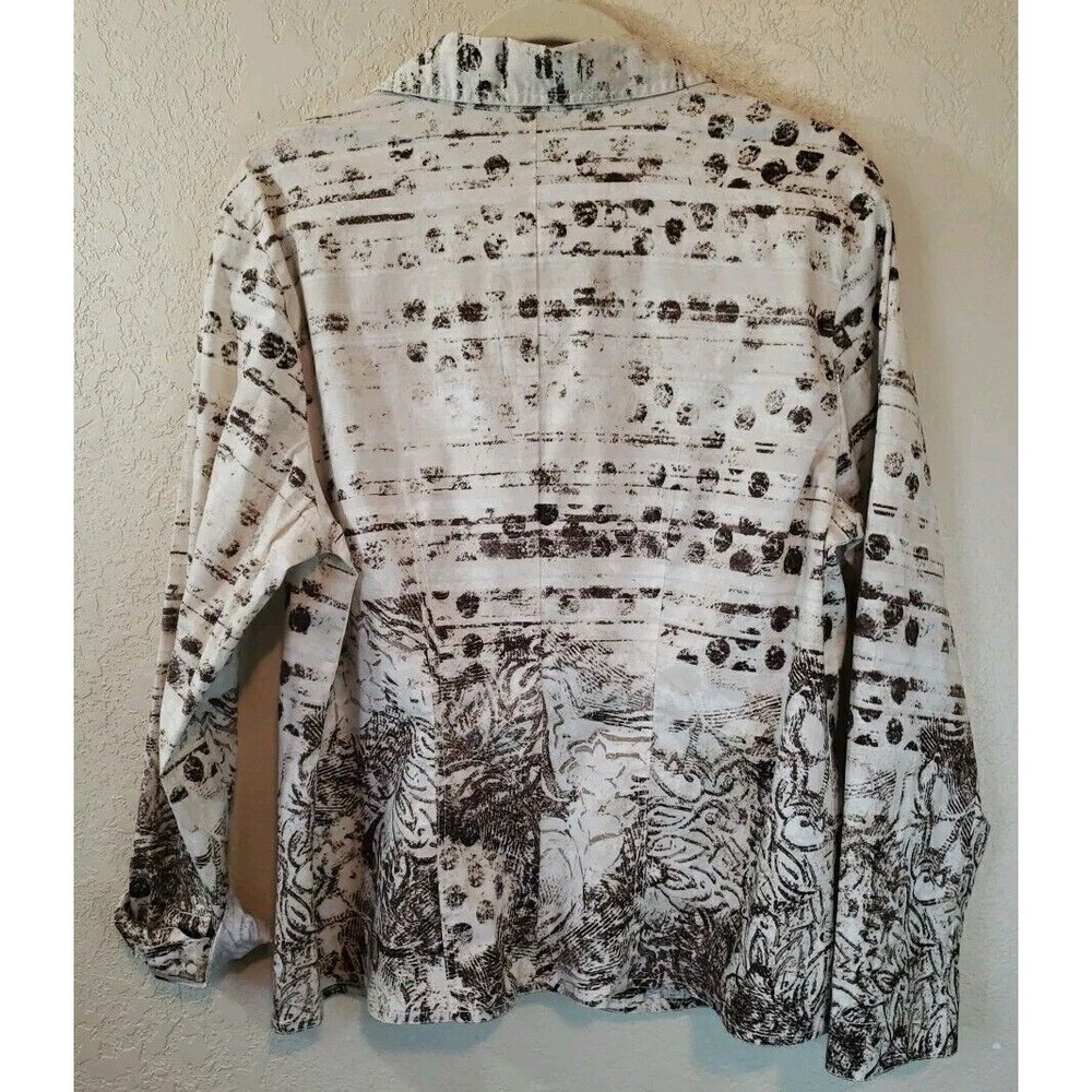 Chicos Scroll Print Blazer Sz 2 Or Large Tan Brown Cotton Blend Empire Waist - Picture 6 of 8